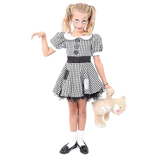 Mädchen Gruseliges Puppenkostüm – klein – schwarz-weiß kariertes Kleid mit ausgefranstem Saum und Patches – gruseliges Halloween Broken Ragdoll China Doll Kostüm Mädchen Gruseliges Puppenkostüm – klein – schwarz-weiß kariertes Kleid mit ausgefranstem Saum und Patches – gruseliges Halloween Broken Ragdoll China Doll Kostüm von I LOVE FANCY DRESS
