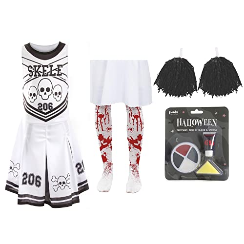Mädchen Halloween Skelett Cheerleader - Groß 10-12 Jahre - Schwarz/Weiß Cheerleader Kleid mit roten Pompons, blutigen Strumpfhosen, Kunstblut und Gesichtsfarbe von I LOVE FANCY DRESS