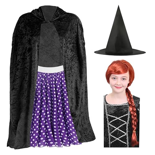 Mädchen-Hexenkostüm – schwarzer Umhang, lila & weiß gepunkteter Rock, rote Zopfperücke, spitzer Hexenhut – Kinder Halloween Trick or Treat Weltbuchtag Kostüm von I LOVE FANCY DRESS