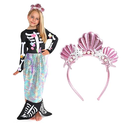 Mädchen Skelett Meerjungfrau Halloween Kostüm - Groß - Schwarzes Skelett Kleid mit Meerjungfrau Schwanz Rock und Rosa Muschel Stirnband - Kinder Halloween Trick or Saures Karneval Kostüm Mädchen Skelett Meerjungfrau Halloween Kostüm - Groß - Schwarzes Skelett Kleid mit Meerjungfrau Schwanz Rock und Rosa Muschel Stirnband - Kinder Halloween Trick or Saures Karneval Kostüm von I LOVE FANCY DRESS