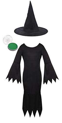 Mädchen Wicked Hexe Halloween Kostüm Verkleidung Kinder Halloween Kostüm für Mädchen Schwarz Gothic Kleid Hexenhut & Grün Face Paint (11-12 Jahre) von I LOVE FANCY DRESS