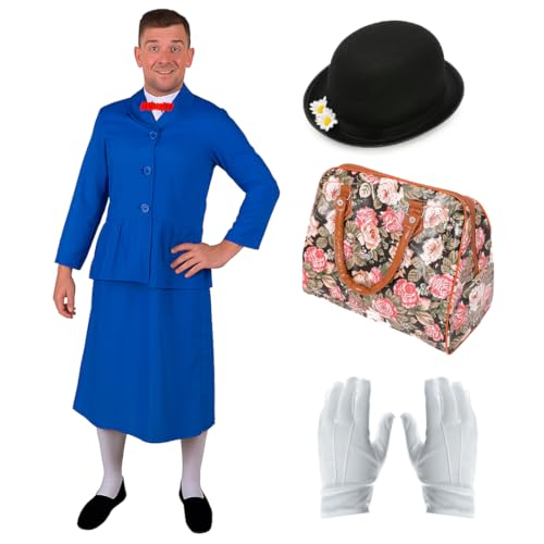 Magisches Nanny-Kostüm für Herren, Hirsch-Kostüm, inklusive blauem Kleid, Gänseblümchen-Bowlerhut, weißen Handschuhen und floraler Tasche, lustiges Kostüm für Junggesellenabschiede, 90er-Jahre-Party von I LOVE FANCY DRESS