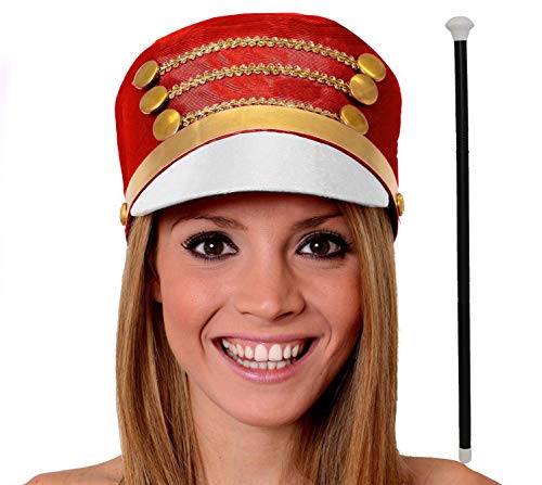 Majorette-Mütze für Damen, großer roter Hut mit weißer Krempe und goldfarbenen Details + Tanzstock – Erwachsenen-Spielzeug-Soldaten-Hut mit Knöpfen, Nussknacker Majorette-Mütze für Damen, großer roter Hut mit weißer Krempe und goldfarbenen Details + Tanzstock – Erwachsenen-Spielzeug-Soldaten-Hut mit Knöpfen, Nussknacker von I LOVE FANCY DRESS