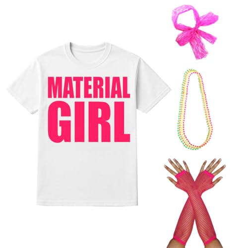 Material Girl Deluxe Kostüm Set - 80er Jahre Weißes T-Shirt mit rosa Aufdruck, Spitze Haarschleife, Fischnetz Handschuhe & Neon Perlen - Verkleidung für Junggesellinnenabschied & Retro Party Material Girl Deluxe Kostüm Set - 80er Jahre Weißes T-Shirt mit rosa Aufdruck, Spitze Haarschleife, Fischnetz Handschuhe & Neon Perlen - Verkleidung für Junggesellinnenabschied & Retro Party von I LOVE FANCY DRESS