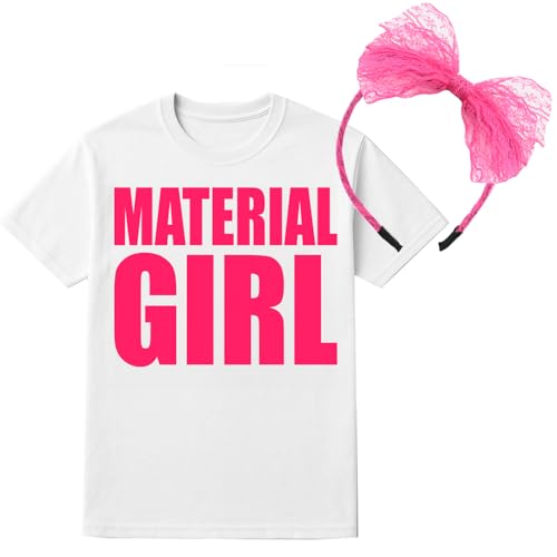Material Mädchen 80er Jahre Kostüm - Klein - Weißes Slogan T-Shirt & Rosa Spitze Schleife Stirnband - Retro Pop Star Outfit für Junggesellinnenabschied & Throwback Party Material Mädchen 80er Jahre Kostüm - Klein - Weißes Slogan T-Shirt & Rosa Spitze Schleife Stirnband - Retro Pop Star Outfit für Junggesellinnenabschied & Throwback Party von I LOVE FANCY DRESS