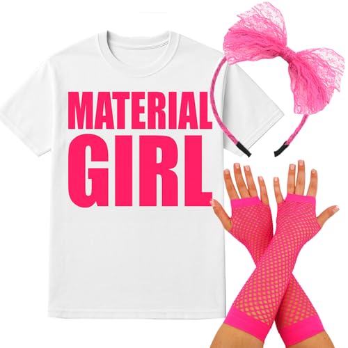 Material Mädchen 80er Jahre Kostüm Set - Klein - Weißes Slogan T-Shirt, Rosa Spitze Schleife Stirnband & Fischnetz Handschuhe - Verkleidung Outfit für Junggesellinnenabschied & Throwback Events Material Mädchen 80er Jahre Kostüm Set - Klein - Weißes Slogan T-Shirt, Rosa Spitze Schleife Stirnband & Fischnetz Handschuhe - Verkleidung Outfit für Junggesellinnenabschied & Throwback Events von I LOVE FANCY DRESS
