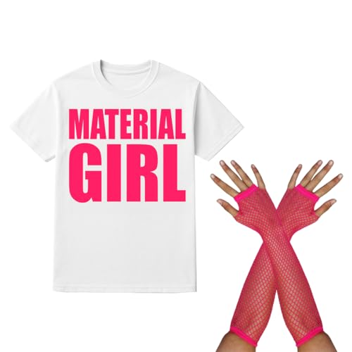 Material Mädchen Kostüm Set - Medium - 80er Jahre weißes T-Shirt mit rosa Aufdruck & Fischnetzhandschuhen - Popstar Verkleidung für Junggesellinnenabschiede, Throwback-Partys & Themenveranstaltungen von I LOVE FANCY DRESS