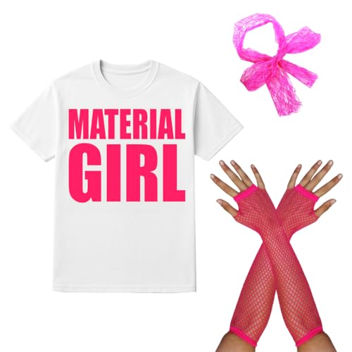 Material Mädchen Kostüm Set - XLarge - 80er Jahre weißes T-Shirt mit pinkem Druck, Spitze Haarschleife & Fischnetz Handschuhe - Popstar Verkleidung für Junggesellinnenabschiede & Motto-Party Material Mädchen Kostüm Set - XLarge - 80er Jahre weißes T-Shirt mit pinkem Druck, Spitze Haarschleife & Fischnetz Handschuhe - Popstar Verkleidung für Junggesellinnenabschiede & Motto-Party von I LOVE FANCY DRESS