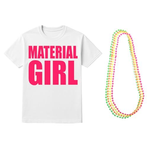 Material Mädchen Kostüm Set - XLarge - 80er Jahre weißes T-Shirt mit pinkem Druck & Neon Perlenketten - Popstar Verkleidung für Junggesellinnenabschiede, Festivals & Retro Nächte Material Mädchen Kostüm Set - XLarge - 80er Jahre weißes T-Shirt mit pinkem Druck & Neon Perlenketten - Popstar Verkleidung für Junggesellinnenabschiede, Festivals & Retro Nächte von I LOVE FANCY DRESS