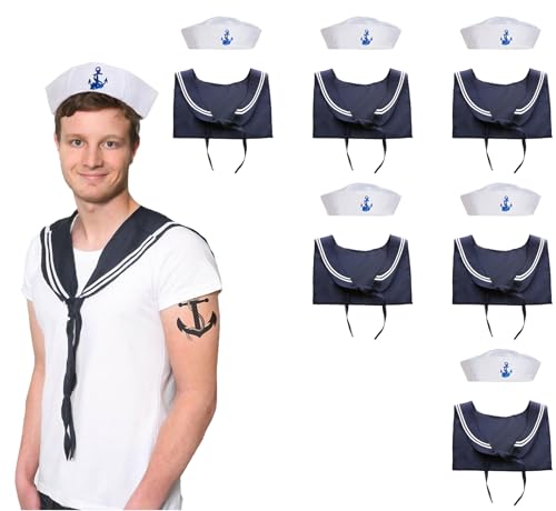 Matrosen-Set für Herren – 6 Stück – weiße Doughboy-Seemannskappe mit blauem Anker und marineblauem und weißem Schal – Erwachsene nautisches Kostüm Zubehör von I LOVE FANCY DRESS