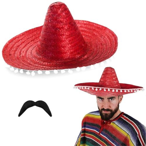 Mexikanische Sombreros in Rot mit weißen Pompon-Rändern + Schnurrbart, perfekt für jede mexikanische Sombrero-Verkleidung für Männer und Frauen, Großhandel – 1 x Sombrero + 1 x Schnurrbart Mexikanische Sombreros in Rot mit weißen Pompon-Rändern + Schnurrbart, perfekt für jede mexikanische Sombrero-Verkleidung für Männer und Frauen, Großhandel – 1 x Sombrero + 1 x Schnurrbart von I LOVE FANCY DRESS