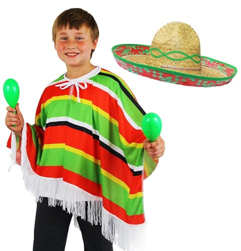 Mexikanisches Kinderkostüm – mehrfarbiger mexikanischer Poncho, grüner Stroh-Sommbrero, grüne Maracas – perfekt für jede Kinder-Fantas-Party für Jungen oder Mädchen von I LOVE FANCY DRESS