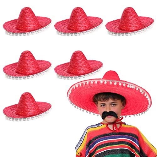 Mexikanischer roter Sombrero mit Pompon-Rändern, Kostüm-Accessoire, für Kinder (6 Stück) von I LOVE FANCY DRESS