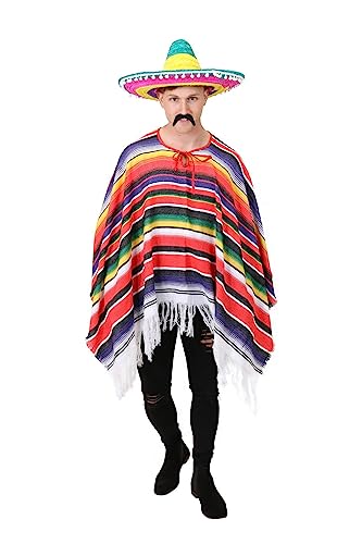 Mexikanisches Kostüm für Erwachsene, Poncho, Sombrero und falscher Schnurrbart, mehrfarbig Mexikanisches Kostüm für Erwachsene, Poncho, Sombrero und falscher Schnurrbart, mehrfarbig von I LOVE FANCY DRESS