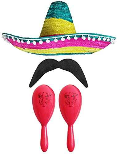 Mexikanisches Kostümzubehör-Set – Mexikanischer Sombrero mit Maracas und Fashe – perfekt für mexikanische Kostüme (mehrfarbiger Pompom-Sombrero + 2 rosa Maracas) von I LOVE FANCY DRESS