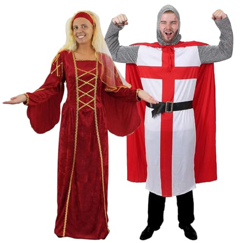 Mittelalter Königin und Ritter Kostüm für Paare - Rotes Tudor-Kostüm der Renaissance mit St. George Flagge, Königskreuz des Sports, Fantag - Frauen: Standard Mittelalter Königin und Ritter Kostüm für Paare - Rotes Tudor-Kostüm der Renaissance mit St. George Flagge, Königskreuz des Sports, Fantag - Frauen: Standard von I LOVE FANCY DRESS