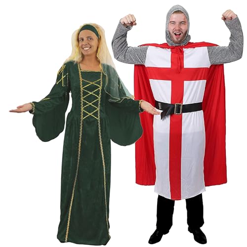 Mittelalterliche Königin & Ritter Kostüm für Paare – Grüne Renaissance Fair Tudor-Ära Outfit St. Georges Flagge Kreuz Königliche Sport-Fans Party – Damen: X-Large Herren: S Mittelalterliche Königin & Ritter Kostüm für Paare – Grüne Renaissance Fair Tudor-Ära Outfit St. Georges Flagge Kreuz Königliche Sport-Fans Party – Damen: X-Large Herren: S von I LOVE FANCY DRESS