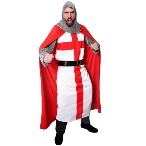 Mittelalterliches Kreuzritter-Kostüm für Erwachsene, Englischer Ritter-Kostüm, XXL, St. Georg-Tunika + roter Umhang, Kopfbedeckung + Gürtel, König der Löwenherzen Arthur von I LOVE FANCY DRESS
