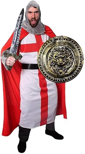 Mittelalterliches Kreuzritter-Kostüm für Erwachsene, Größe XXL, St.-Georg-Tunika + roter Umhang + Kettennetz-Kapuze + passendes Kunststoffschwert und goldenes Löwenschild von I LOVE FANCY DRESS