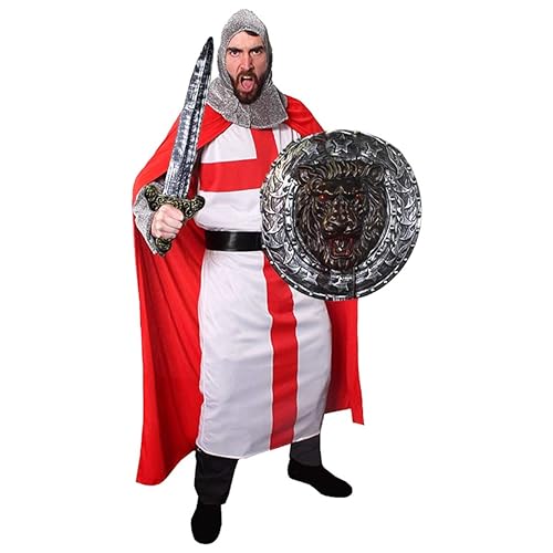 Mittelalterliches Kreuzritter-Kostüm für Erwachsene, Größe XXL, St.-Georg-Tunika + roter Umhang + Kettennetz-Kapuze + passendes Kunststoffschwert und silbernes Löwenschild von I LOVE FANCY DRESS