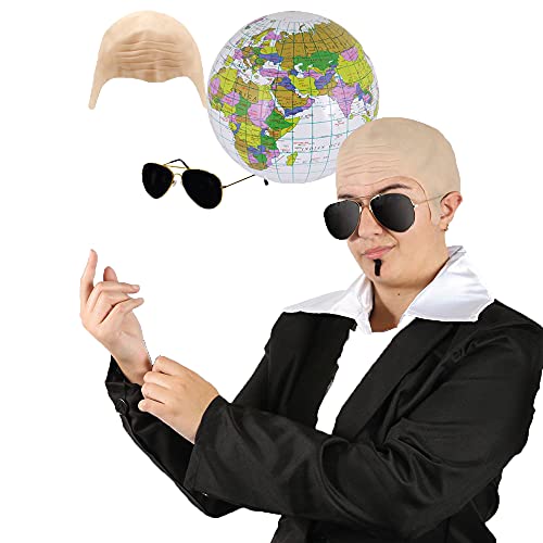 Mr Worldwide Deluxe-Zubehör-Set für Erwachsene, Glatzenkappe, Flieger-Sonnenbrille, aufblasbarer Globus und schwarzer Soulpatch, Herrenkostüm Mr Worldwide Deluxe-Zubehör-Set für Erwachsene, Glatzenkappe, Flieger-Sonnenbrille, aufblasbarer Globus und schwarzer Soulpatch, Herrenkostüm von I LOVE FANCY DRESS