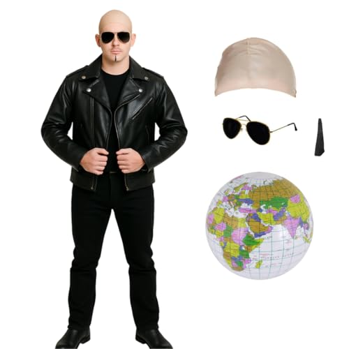 Mr Worldwide Erwachsenenkostüm-Set – Nackte Glatzenmütze, schwarze Sonnenbrille, Seelenaufnäher, aufblasbarer Globus und Jacke in Lederoptik – Herren-Musik-Ikone, berühmte Promi-Kostüm, Halloween Mr Worldwide Erwachsenenkostüm-Set – Nackte Glatzenmütze, schwarze Sonnenbrille, Seelenaufnäher, aufblasbarer Globus und Jacke in Lederoptik – Herren-Musik-Ikone, berühmte Promi-Kostüm, Halloween von I LOVE FANCY DRESS