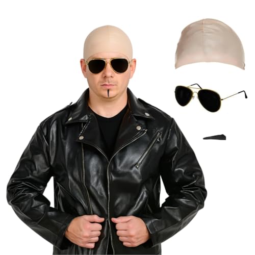 Mr Worldwide Erwachsenenkostüm-Set – Nackte Haut, kahle Kappe, schwarze Sonnenbrille, Seelenaufnäher und Lederoptik-Jacke – Herren Damen Musik-Ikone, berühmte Promi-Kostüm, Halloween, Events – XXL Mr Worldwide Erwachsenenkostüm-Set – Nackte Haut, kahle Kappe, schwarze Sonnenbrille, Seelenaufnäher und Lederoptik-Jacke – Herren Damen Musik-Ikone, berühmte Promi-Kostüm, Halloween, Events – XXL von I LOVE FANCY DRESS