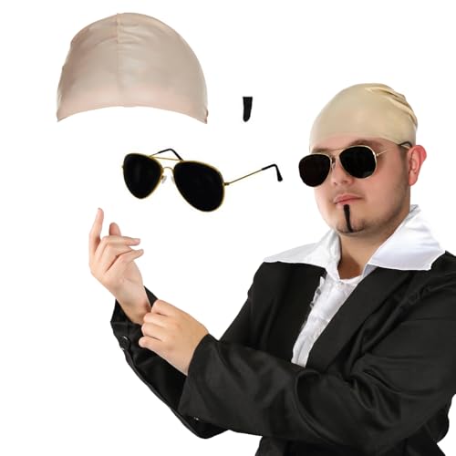 Mr Worldwide Zubehör-Set für Erwachsene, hautfarbene Glatze, schwarze Sonnenbrille, Mikrofon, schwarzer Seelenaufnäher, Musik-Ikone, berühmte Prominente, Kostümzubehör-Set von I LOVE FANCY DRESS