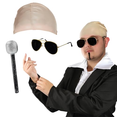 Mr Worldwide Zubehör-Set für Erwachsene, hautfarbene Latexkappe, schwarze Sonnenbrille, Mikrofon, schwarzer Seelenaufnäher, Musik-Ikone, berühmte Prominente, Kostümzubehör-Set von I LOVE FANCY DRESS