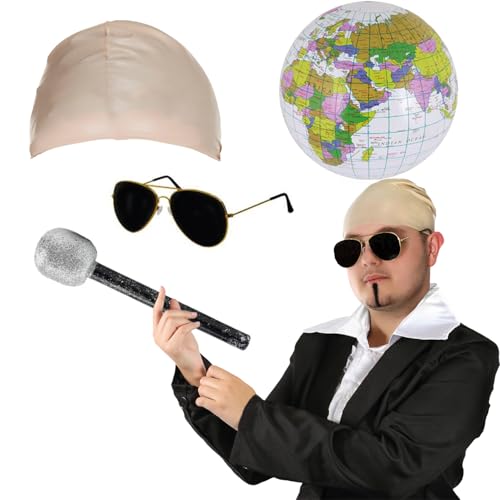 Mr Worldwide Zubehör-Set für Erwachsene, hautfarbene Latexkappe, schwarze Sonnenbrille, aufblasbarer Globus, Mikrofon, schwarzer Seelenaufnäher, Musik-Ikone, berühmte Prominente, Kostümzubehör-Set von I LOVE FANCY DRESS