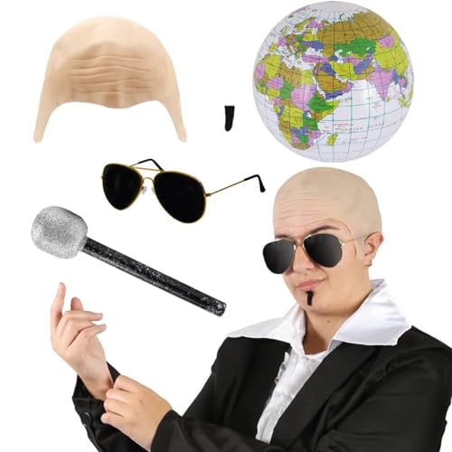 Mr Worldwide Zubehör-Set für Erwachsene, nackte Glatze, schwarze Sonnenbrille, aufblasbarer Globus, Mikrofon, schwarzer Seelenaufnäher, Musik-Ikone, berühmte Promi-Kostüm-Zubehör-Set von I LOVE FANCY DRESS
