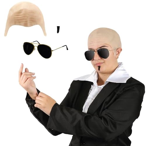 I LOVE FANCY DRESS Mr Worldwide Erwachsenen-Zubehör-Set - Glatzenmütze + Sonnenbrille + Schwarzer Seelenaufnäher - Berühmtes Kostüm für Herren von I LOVE FANCY DRESS
