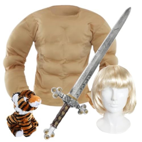 Muskelbrust Kostüm Set mit blonder Perücke, 73,7 cm Schwert Prop & Tiger Spielzeug - 80er Jahre Held Verkleidung Outfit für Erwachsene - Standard von I LOVE FANCY DRESS