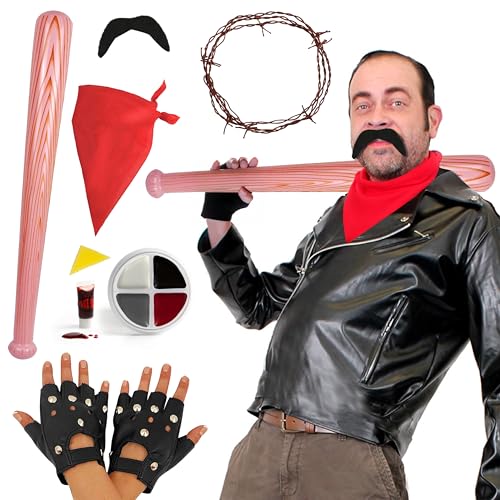 Negan-inspiriertes Kostüm-Set - Lederoptik Jacke, rotes Bandana, aufblasbarer Fledermaus & Schnurrbart für Erwachsene Verkleidung & Cosplay - Medium Negan-inspiriertes Kostüm-Set - Lederoptik Jacke, rotes Bandana, aufblasbarer Fledermaus & Schnurrbart für Erwachsene Verkleidung & Cosplay - Medium von I LOVE FANCY DRESS