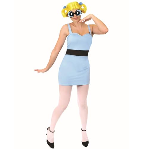OFFIZIELL LIZENZIERTES POWERPUFF GIRLS BUBBLES KOSTÜM. IKONISCHEN 90ER JAHRE CARTOON CHARAKTER KOSTÜM BLAUES KLEID, WEIẞE STRUMPFHOSE, BLAUE BUBBLES BRILLE UND PERÜCKE. GRÖẞE: X-KLEIN von I LOVE FANCY DRESS