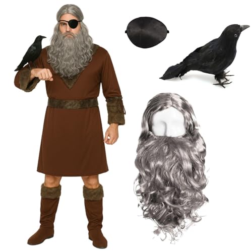 Odin Kostüm Set für Erwachsene, inklusive grauer Perücke und Bart, Augenklappe und Krähen-Requisite, Wikingergott-Kostüm für Halloween oder Cosplay Odin Kostüm Set für Erwachsene, inklusive grauer Perücke und Bart, Augenklappe und Krähen-Requisite, Wikingergott-Kostüm für Halloween oder Cosplay von I LOVE FANCY DRESS