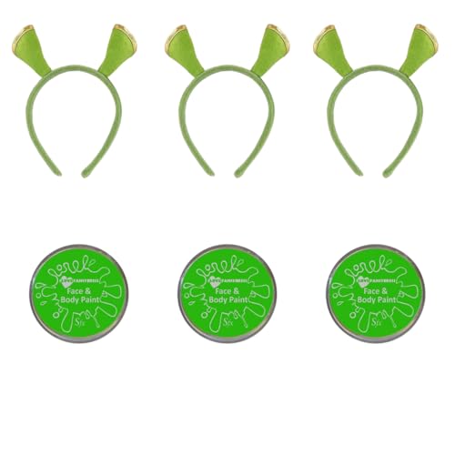 Oger-Stirnband und grüne Gesichtsbemalung Set (3er-Pack) – Sumpf-Oger-Kostüm-Zubehör für Erwachsene und Kinder – Halloween-Kostüm, Cosplay, Filmfiguren-Make-up-Kit von I LOVE FANCY DRESS