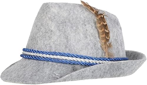Oktoberfest Bayerischer Hut Grau X 1 mit blau-weißem Dekoseil mit Blume & Feder Detail - Filz - Verkleidung Kopfbedeckung Oktoberfest Bayerischer Hut Grau X 1 mit blau-weißem Dekoseil mit Blume & Feder Detail - Filz - Verkleidung Kopfbedeckung von I LOVE FANCY DRESS