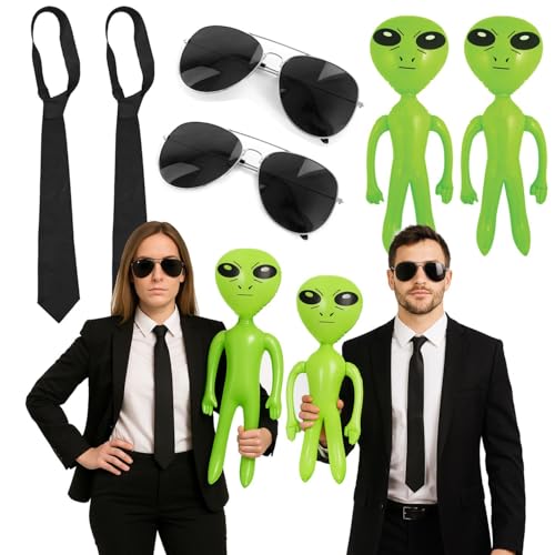 Paare Geheimagent Halloween Kostüm Zubehör Set mit 2 schwarzen Krawatten, 2 Fliegerbrille und 2 aufblasbaren Aliens - Lustiges Faschings-Outfit für Erwachsene von I LOVE FANCY DRESS