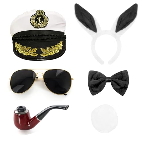 Pärchen Kapitän & Häschen Verkleidung Set - Hut, Pfeife, Sonnenbrille, Hasenohren, Fliege & Schwanz Kostüm Zubehör - Lustiges Paar Kostüm für Halloween, Junggesellinnenabschiede, Faschingsparty von I LOVE FANCY DRESS