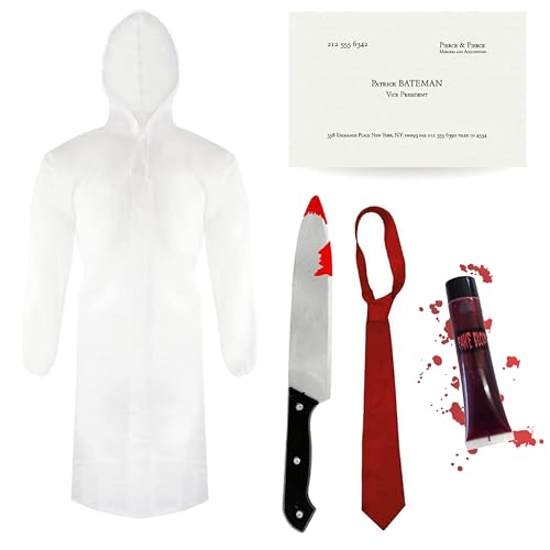 Patrick Bateman Kostüm für Erwachsene – Standard – transparenter Regenmantel, rote Krawatte, falsches Messer, Visitenkarte und Kunstblut – Herren Psycho American TV Film Charakter Halloween Patrick Bateman Kostüm für Erwachsene – Standard – transparenter Regenmantel, rote Krawatte, falsches Messer, Visitenkarte und Kunstblut – Herren Psycho American TV Film Charakter Halloween von I LOVE FANCY DRESS