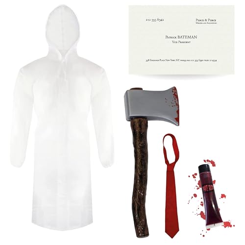 Patrick Bateman mittelgroßes Erwachsene Kostüm, schwarzer Anzug, durchsichtiger Regenmantel, rote Krawatte, falsche Axt, Visitenkarte und Kunstblut – Halloween-Kostüm für Herren Patrick Bateman mittelgroßes Erwachsene Kostüm, schwarzer Anzug, durchsichtiger Regenmantel, rote Krawatte, falsche Axt, Visitenkarte und Kunstblut – Halloween-Kostüm für Herren von I LOVE FANCY DRESS
