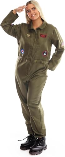 Piloten-Kostüm für Damen, Größe XL, grüner Overall mit Militär-Patches, Piloten-Kostüm, TV-Film-Kostüm Piloten-Kostüm für Damen, Größe XL, grüner Overall mit Militär-Patches, Piloten-Kostüm, TV-Film-Kostüm von I LOVE FANCY DRESS