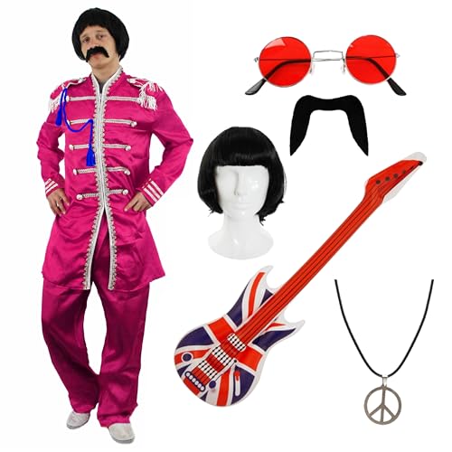 Pink Sgt. Pepper inspiriertes Kostüm-Set – Größe S – Jacke, Perücke, aufblasbare Union Jack-Gitarre, runde Brille, Schnurrbart & Friedenskette Pink Sgt. Pepper inspiriertes Kostüm-Set – Größe S – Jacke, Perücke, aufblasbare Union Jack-Gitarre, runde Brille, Schnurrbart & Friedenskette von I LOVE FANCY DRESS