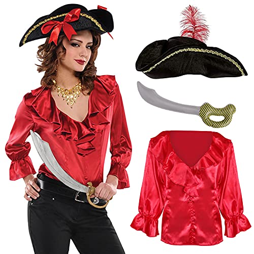 Piraten-Kostüm für Damen, seidig-rote Piratenbluse, schwarzer Piratenhut mit goldfarbenem Rand und roter Feder, aufblasbarer Piratenschwörd, Kostüm, Kostüm, Einheitsgröße Piraten-Kostüm für Damen, seidig-rote Piratenbluse, schwarzer Piratenhut mit goldfarbenem Rand und roter Feder, aufblasbarer Piratenschwörd, Kostüm, Kostüm, Einheitsgröße von I LOVE FANCY DRESS