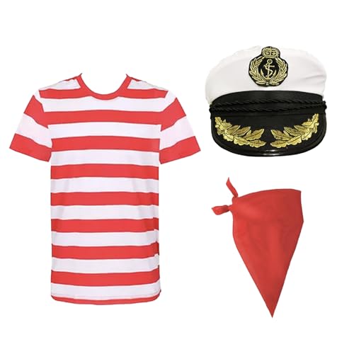 Piratenkostüm für Erwachsene, Größe M, rot und weiß gestreiftes T-Shirt, weißer Kapitänsmütze und einfarbiges rotes Bandana, für Herren und Damen, Halloween-Kostüm Piratenkostüm für Erwachsene, Größe M, rot und weiß gestreiftes T-Shirt, weißer Kapitänsmütze und einfarbiges rotes Bandana, für Herren und Damen, Halloween-Kostüm von I LOVE FANCY DRESS