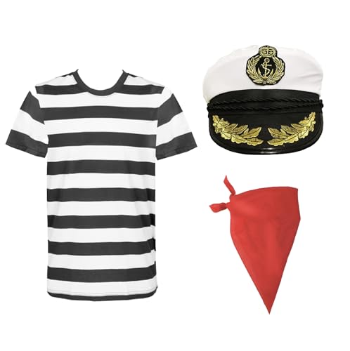 Piratenkostüm für Erwachsene, Größe S, schwarz-weiß gestreiftes T-Shirt, weißer Kapitänsmütze und einfarbiges rotes Bandana, für Herren und Damen, Halloween-Kostüm von I LOVE FANCY DRESS