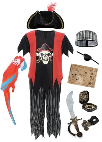 Piratenkostüm für Kinder, Jungen und Mädchen, zum Verkleiden, Rollenspiel, Wochentag, aufblasbar, Papageienauge, Kapitänshut, 4–6 Jahre Piratenkostüm für Kinder, Jungen und Mädchen, zum Verkleiden, Rollenspiel, Wochentag, aufblasbar, Papageienauge, Kapitänshut, 4–6 Jahre von I LOVE FANCY DRESS