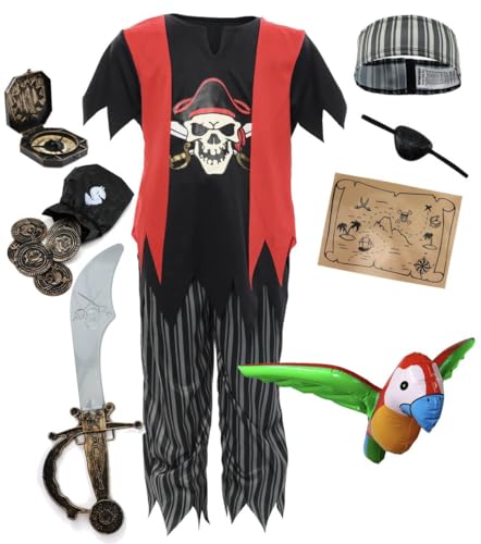 Piratenkostüm für Kinder, Jungen und Mädchen, zum Verkleiden, Rollenspiel, Wochentag, aufblasbarer Papageienaugenklappe, Kompass, 3–4 Jahre Piratenkostüm für Kinder, Jungen und Mädchen, zum Verkleiden, Rollenspiel, Wochentag, aufblasbarer Papageienaugenklappe, Kompass, 3–4 Jahre von I LOVE FANCY DRESS