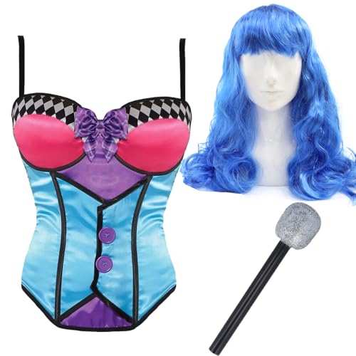 Pop-Star-Kostüm für Damen, Größe M/L, Korsett, lange blaue Perücke und Kunststoff-Mikrofon-Requisite, für Erwachsene, Damen, Kalifornien, Musik-Ikone, Konzert-Tour-Kostüm Pop-Star-Kostüm für Damen, Größe M/L, Korsett, lange blaue Perücke und Kunststoff-Mikrofon-Requisite, für Erwachsene, Damen, Kalifornien, Musik-Ikone, Konzert-Tour-Kostüm von I LOVE FANCY DRESS